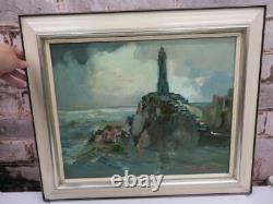 REALLY old PAINTING oil SEA lighthouse signed