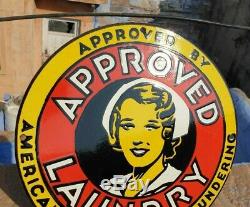 Rare 1930's Old Antique Vintage Approved Laundry Ad Porcelain Enamel Sign Board