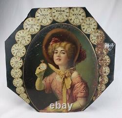 Rare Antique Rockford Pocket Watch Old Tin Metal Sign TOC c1900 Victorian Woman