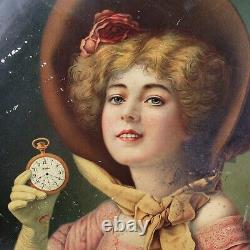 Rare Antique Rockford Pocket Watch Old Tin Metal Sign TOC c1900 Victorian Woman