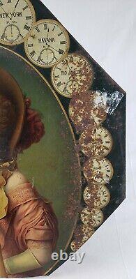 Rare Antique Rockford Pocket Watch Old Tin Metal Sign TOC c1900 Victorian Woman