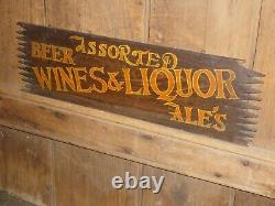 Rare Early Old Original Wines Liquor Beer Ales Wood Trade Sign Vintage Antique