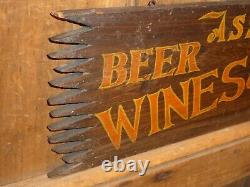 Rare Early Old Original Wines Liquor Beer Ales Wood Trade Sign Vintage Antique