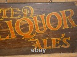 Rare Early Old Original Wines Liquor Beer Ales Wood Trade Sign Vintage Antique