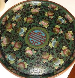 Rare Old Chinese Cloisonne Enamel Floral 11 Plate Platter Copper Tray Signed