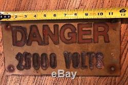 Rare Old Danger High Voltage 25000 Volts Sign Heavy Brass Steam Punk Industrial