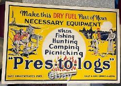 Rare Original Old Camping Hunting Fishing Pres-to-logs Color Sign Poster 28 X 42