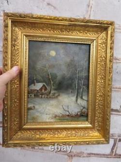 Really old PAINTING antique oil Winter landscape signed