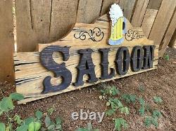 Saloon Wood Sign Rustic Whiskey Bar Beer Brew Tavern Old West Antique Look 30x12