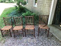 Set 4 Signed Antique Old Hickory Side Chairs, Rustic Cape Cod Barn Find
