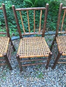 Set 4 Signed Antique Old Hickory Side Chairs, Rustic Cape Cod Barn Find