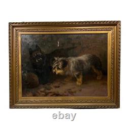 Signed Antique Dog Terrier Illustration Old Impressionist Vintage Oil Painting