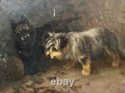 Signed Antique Dog Terrier Illustration Old Impressionist Vintage Oil Painting