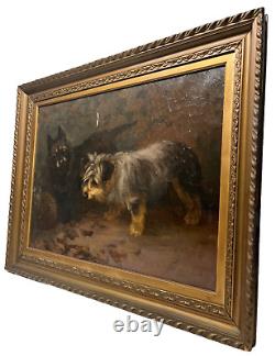 Signed Antique Dog Terrier Illustration Old Impressionist Vintage Oil Painting