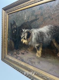 Signed Antique Dog Terrier Illustration Old Impressionist Vintage Oil Painting
