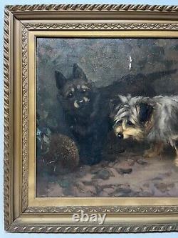 Signed Antique Dog Terrier Illustration Old Impressionist Vintage Oil Painting