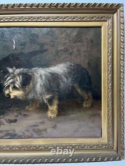 Signed Antique Dog Terrier Illustration Old Impressionist Vintage Oil Painting
