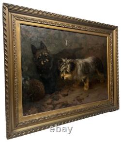 Signed Antique Dog Terrier Illustration Old Impressionist Vintage Oil Painting