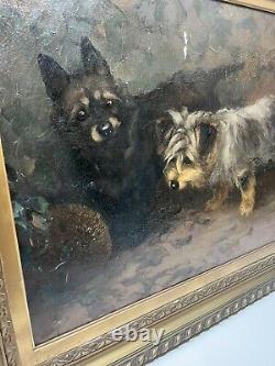 Signed Antique Dog Terrier Illustration Old Impressionist Vintage Oil Painting