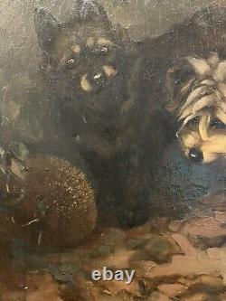 Signed Antique Dog Terrier Illustration Old Impressionist Vintage Oil Painting