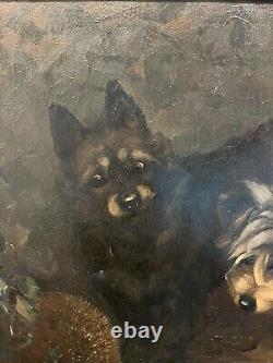 Signed Antique Dog Terrier Illustration Old Impressionist Vintage Oil Painting