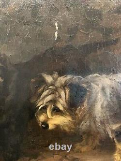 Signed Antique Dog Terrier Illustration Old Impressionist Vintage Oil Painting