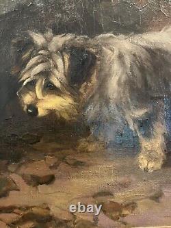 Signed Antique Dog Terrier Illustration Old Impressionist Vintage Oil Painting