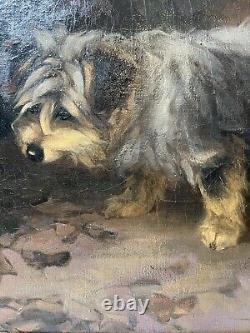 Signed Antique Dog Terrier Illustration Old Impressionist Vintage Oil Painting