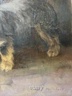Signed Antique Dog Terrier Illustration Old Impressionist Vintage Oil Painting