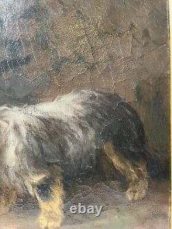 Signed Antique Dog Terrier Illustration Old Impressionist Vintage Oil Painting