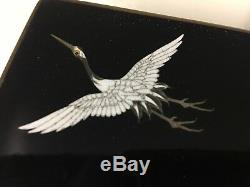 Signed INABA Crane BIRD CLOISONNE Black ENAMEL OLD Trinket BOX The Nicest Design