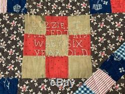 Signed Lizzie T Pieced This quilt When 6 Year old QUILT Antique Indigo Red