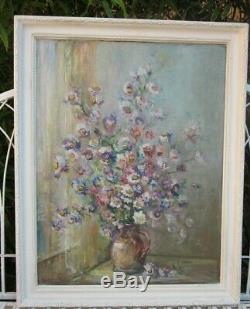 Signed Old/antique Oil Painting Still Life Of Flowers In Jug, Daisies