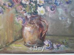 Signed Old/antique Oil Painting Still Life Of Flowers In Jug, Daisies