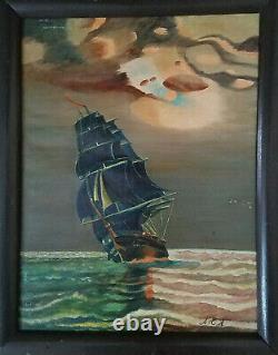 Signed Original USS Constitution Old Ironsides Antique Oil Painting Naval Ship
