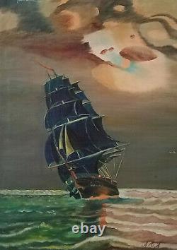 Signed Original USS Constitution Old Ironsides Antique Oil Painting Naval Ship