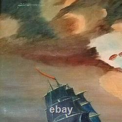 Signed Original USS Constitution Old Ironsides Antique Oil Painting Naval Ship