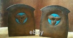 Signed P. Lee 1919 Turquoise Enamel Copper Striking Bookends Arts And Crafts Old