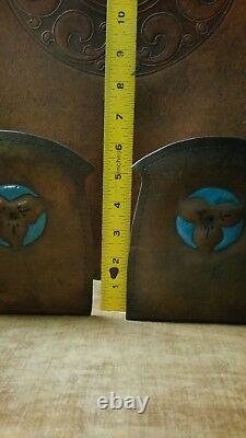 Signed P. Lee 1919 Turquoise Enamel Copper Striking Bookends Arts And Crafts Old