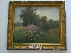 Small Gem Antique 19th To 20th Century Oil Landscape Blooming Wild Flowers Old