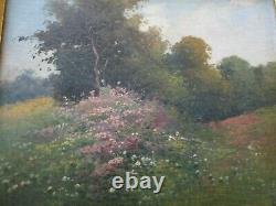 Small Gem Antique 19th To 20th Century Oil Landscape Blooming Wild Flowers Old