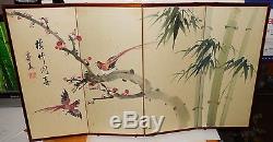Small Old Chinese Birds On Bamboo Watercolor Silk 4 Panel Screen Painting Signed