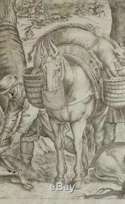 Stunning 18th Century Old Master Italian Antique Ink Drawing Boar Hunting Scene