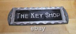 THE KEY SHOP Antique Reverse on Chip Scalloped Glass Advertising Sign ROG