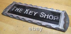 THE KEY SHOP Antique Reverse on Chip Scalloped Glass Advertising Sign ROG