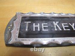 THE KEY SHOP Antique Reverse on Chip Scalloped Glass Advertising Sign ROG