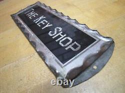 THE KEY SHOP Antique Reverse on Chip Scalloped Glass Advertising Sign ROG