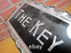 THE KEY SHOP Antique Reverse on Chip Scalloped Glass Advertising Sign ROG