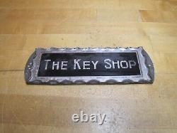 THE KEY SHOP Antique Reverse on Chip Scalloped Glass Advertising Sign ROG