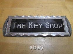 THE KEY SHOP Antique Reverse on Chip Scalloped Glass Advertising Sign ROG